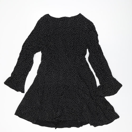 New Look Womens Black Polka Dot Viscose Skater Dress Size 12 Round Neck Zip