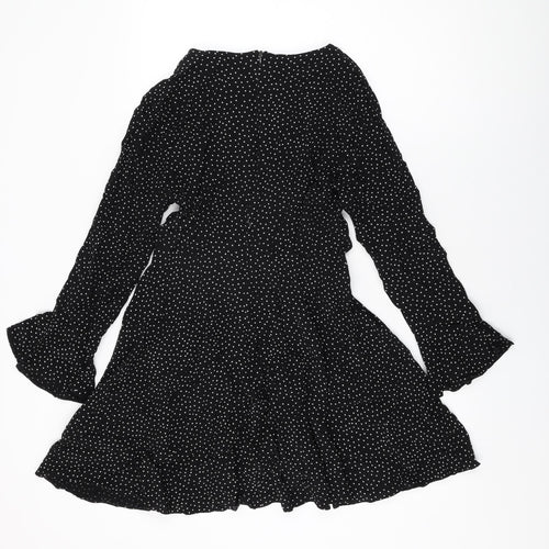 New Look Womens Black Polka Dot Viscose Skater Dress Size 12 Round Neck Zip