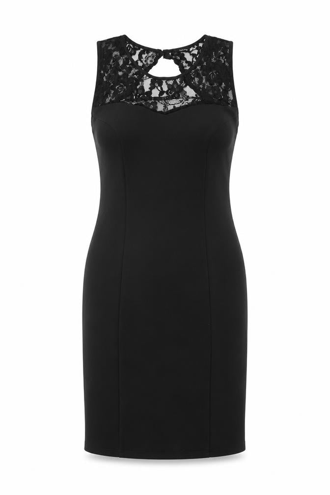 Front view of M&Co women’s black polyester bodycon, size UK 12, round neck button