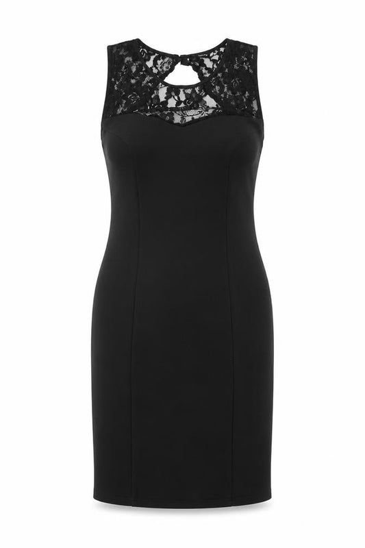 Front view of M&Co women’s black polyester bodycon, size UK 12, round neck button