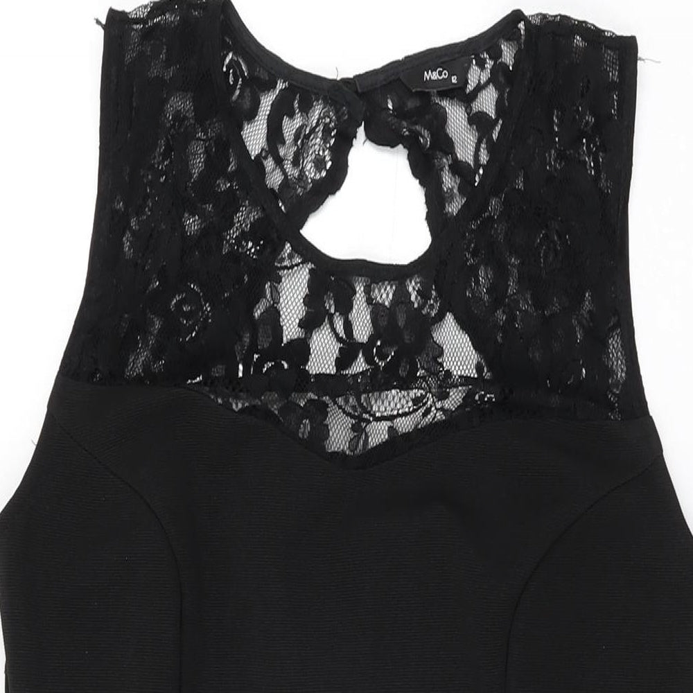 M&Co Womens Black Polyester Bodycon Size 12 Round Neck Button
