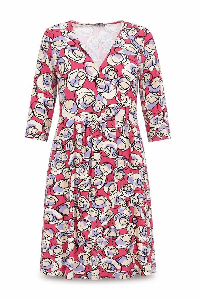 Front view of Betty Jackson women’s pink geometric viscose a-line, size UK 14, v-neck pullover