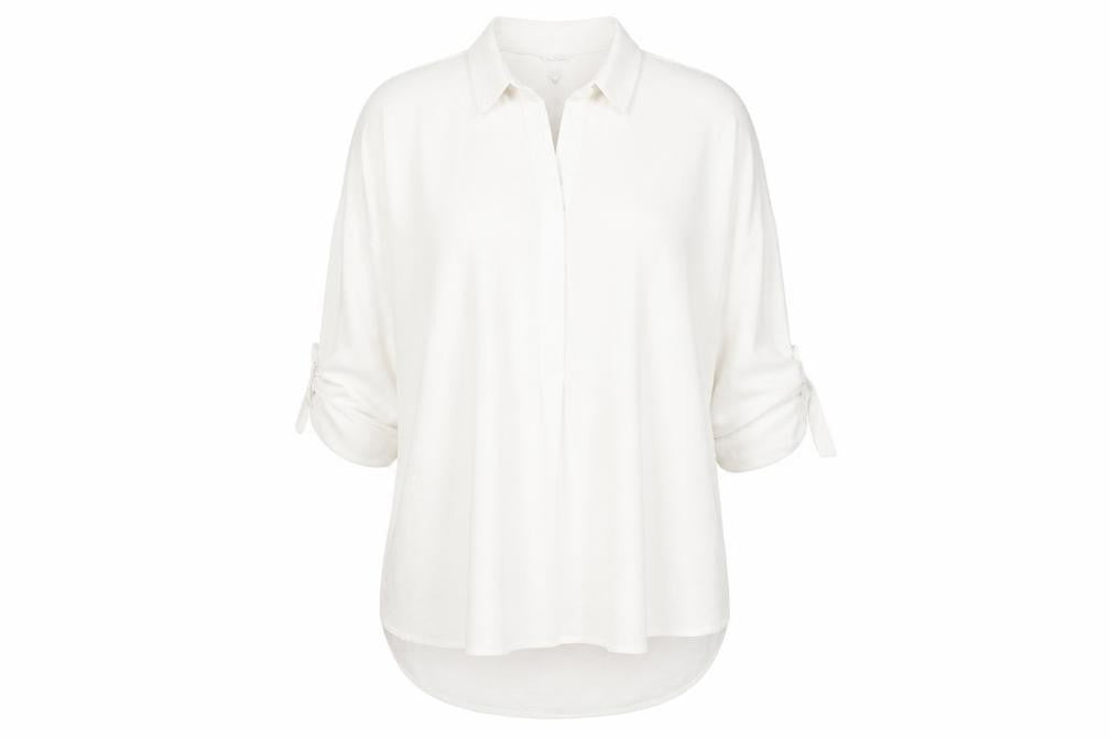 Front view of New Look women’s white polyester basic blouse, size UK 12, collared