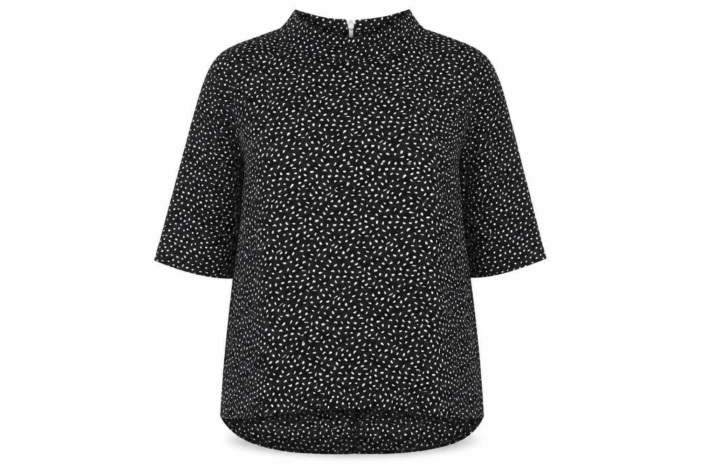 Front view of Wallis women’s black geometric polyester basic t-shirt, size UK 14, mock neck