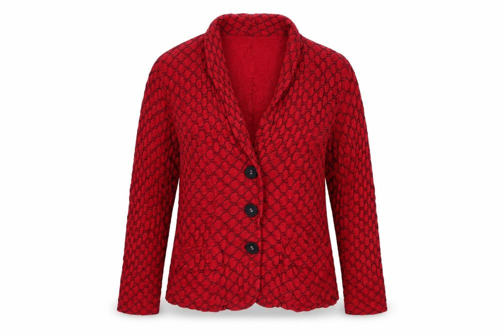 Front view of Adini women’s red geometric jacket blazer, size S, button