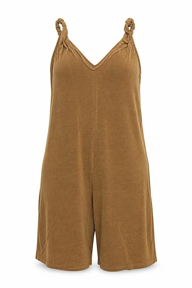 Front view of JD Williams women’s brown polyester romper one-piece, size UK 24, 12-inch leg pullover
