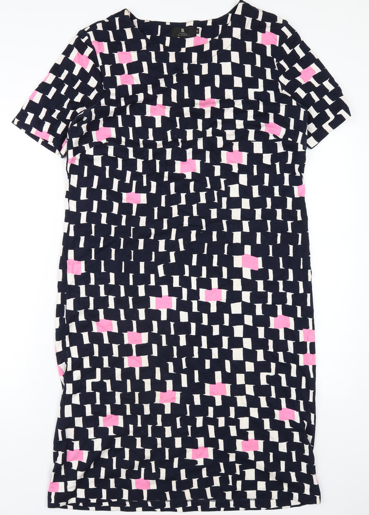 Brandtex Womens Blue Geometric Viscose T-Shirt Dress Size M Round Neck Pullover