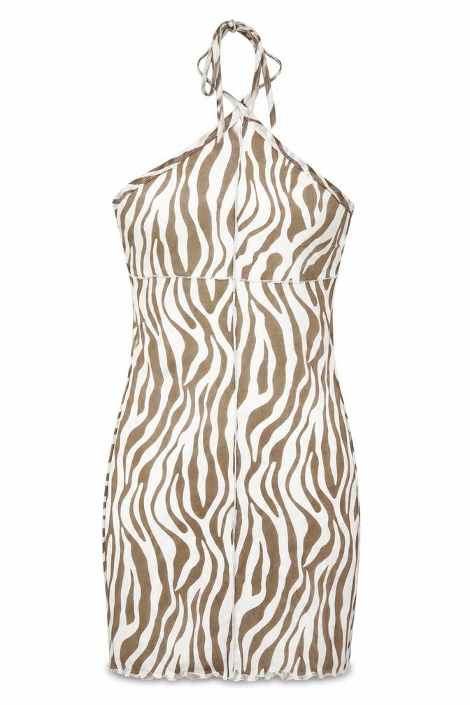 Front view of Princess Polly women’s brown animal print polyester bodycon, size UK 12, halter pullover