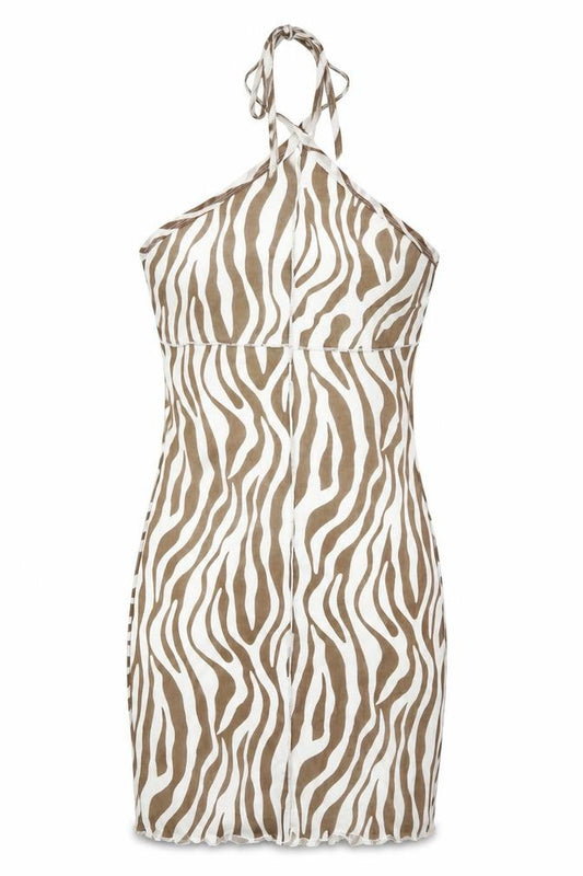Front view of Princess Polly women’s brown animal print polyester bodycon, size UK 12, halter pullover