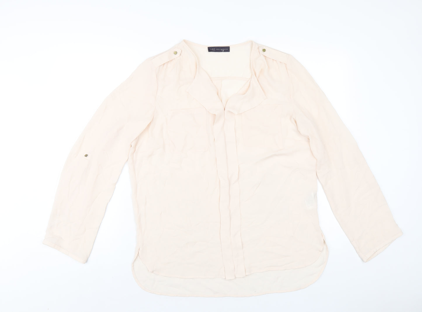 Marks and Spencer Womens Beige Polyester Basic Blouse Size 14 V-Neck
