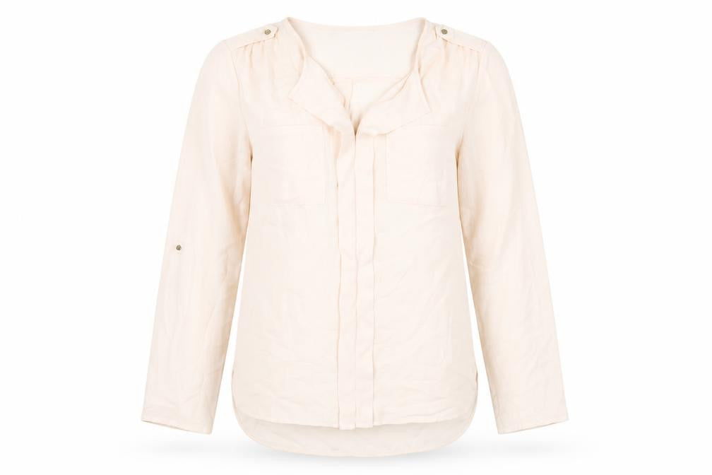 Front view of Marks & Spencer women’s beige polyester basic blouse, size UK 14, v-neck