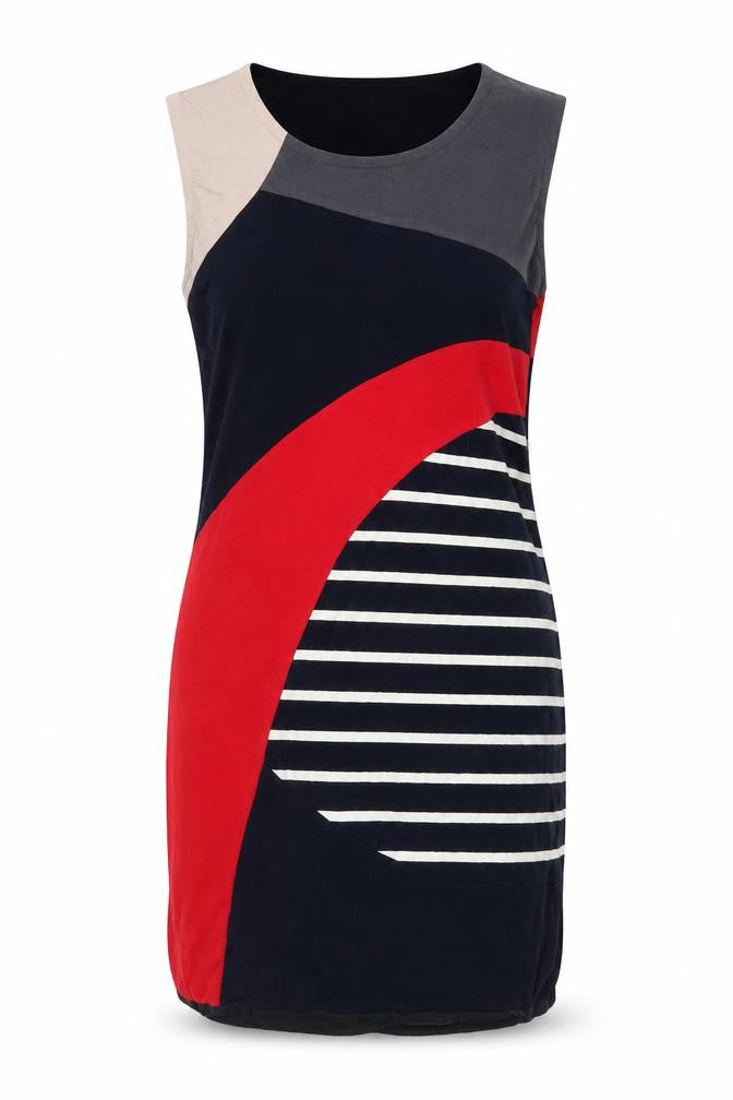 Front view of Warehouse women’s multicoloured geometric cotton bodycon, size UK 10, round neck pullover