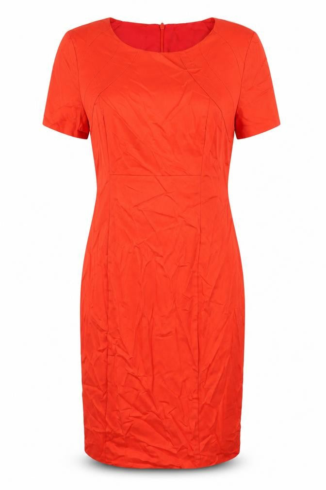 Front view of Oasis women’s red cotton bodycon, size UK 10, round neck zip