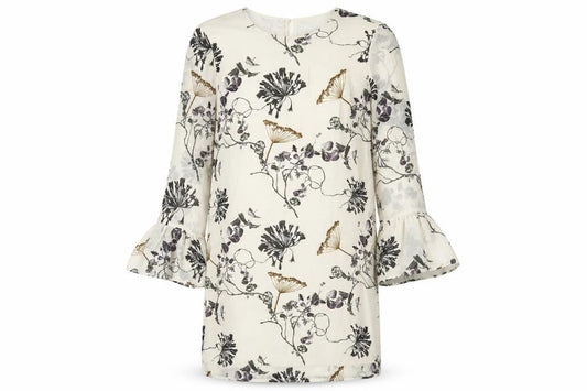 Front view of Selected Femme women’s beige geometric polyester a-line, size UK 10, round neck button