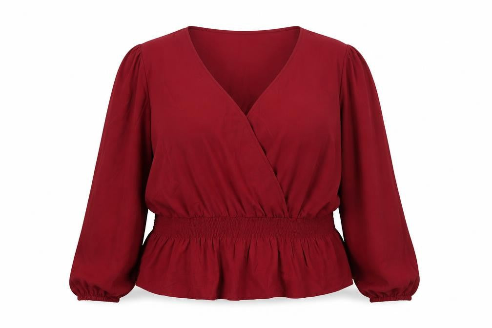 Front view of Oasis women’s red polyester basic blouse, size UK 24, v-neck