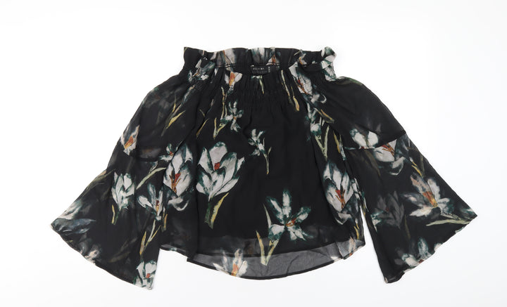 Religion Womens Black Floral Polyester Basic T-Shirt Size 8 Off the Shoulder