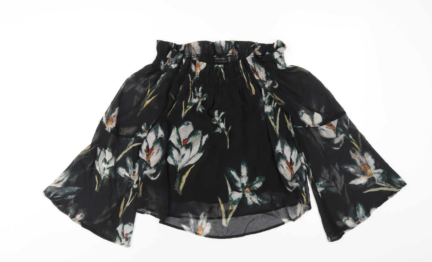 Religion Womens Black Floral Polyester Basic T-Shirt Size 8 Off the Shoulder