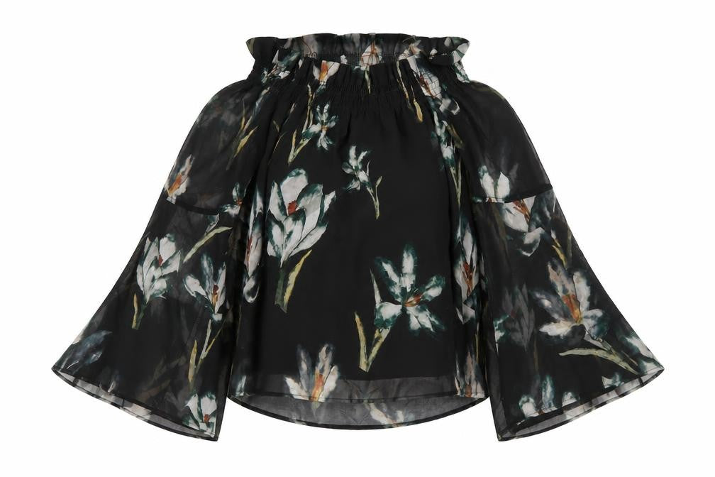 Front view of Religion women’s black floral polyester basic t-shirt, size UK 8, off the shoulder