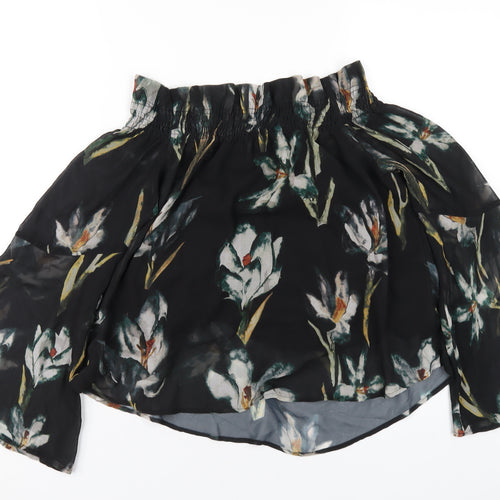 Religion Womens Black Floral Polyester Basic T-Shirt Size 8 Off the Shoulder