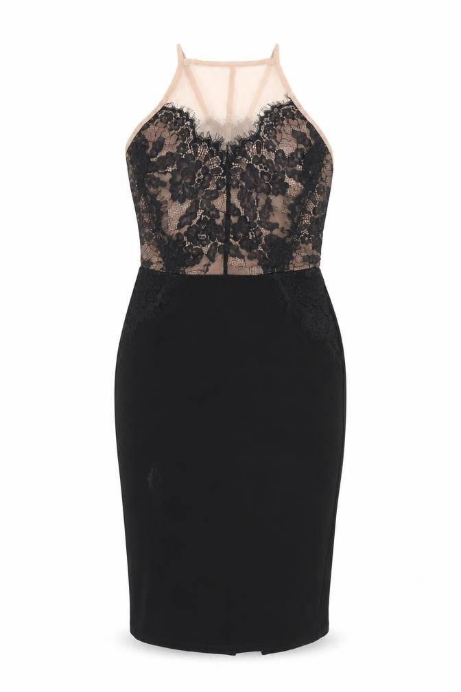 Front view of Topshop women’s black polyester bodycon, size UK 10, square neck zip