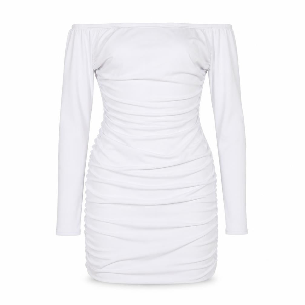 Front view of PRETTYLITTLETHING women’s white polyester bodycon, size UK 10, off the shoulder pullover