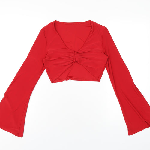 PRETTYLITTLETHING Womens Red Polyethylene Cropped T-Shirt Size 8 V-Neck
