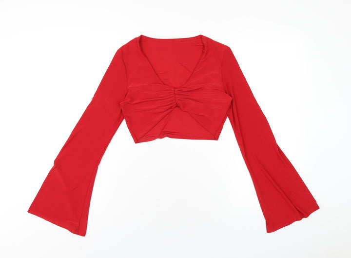 PRETTYLITTLETHING Womens Red Polyethylene Cropped T-Shirt Size 8 V-Neck