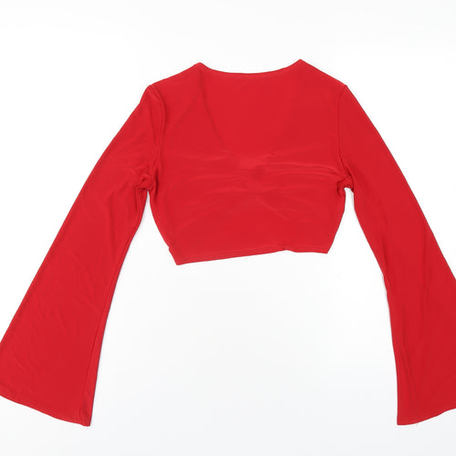 PRETTYLITTLETHING Womens Red Polyethylene Cropped T-Shirt Size 8 V-Neck