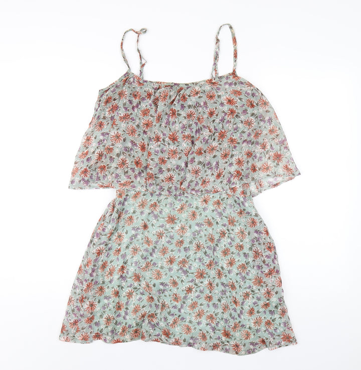 Boohoo Womens Green Floral Polyester A-Line Size 10 Scoop Neck Zip