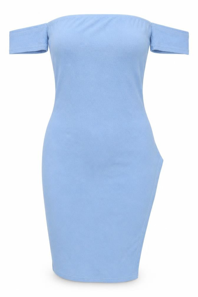 Front view of PRETTYLITTLETHING women’s blue polyester bodycon, size UK 10, off the shoulder pullover