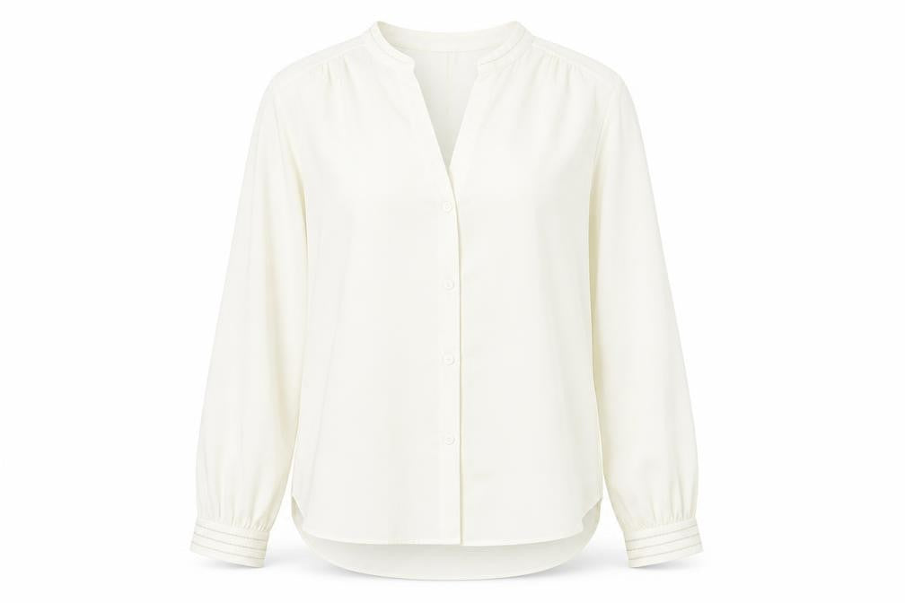 Front view of H&M women’s ivory polyester basic blouse, size UK 10, v-neck