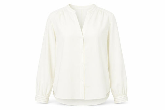 Front view of H&M women’s ivory polyester basic blouse, size UK 10, v-neck