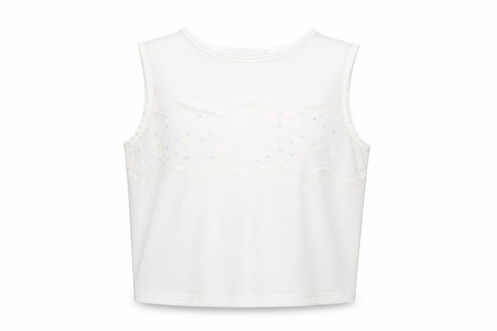 Front view of Topshop women’s ivory nylon basic tank, size UK 12, round neck