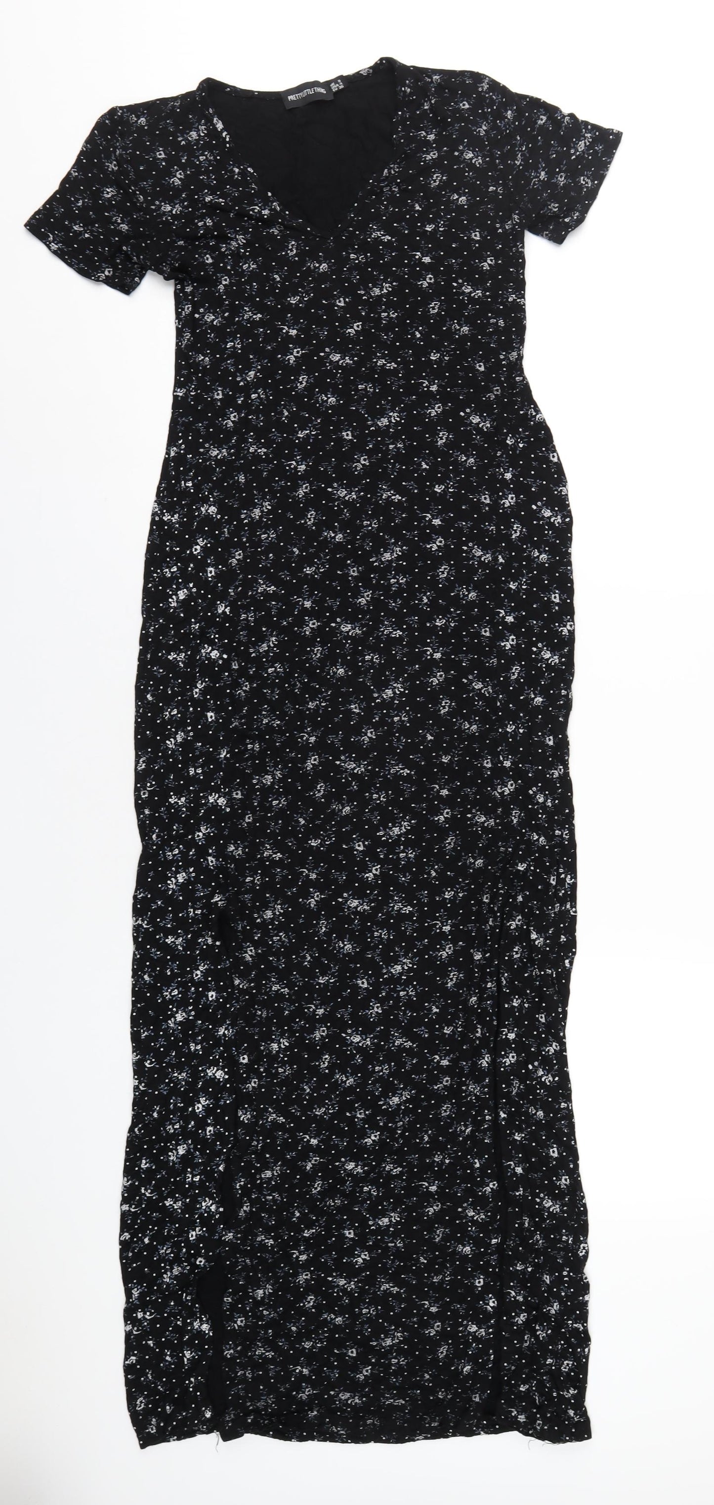 PRETTYLITTLETHING Womens Black Floral Viscose Maxi Size 8 V-Neck Pullover