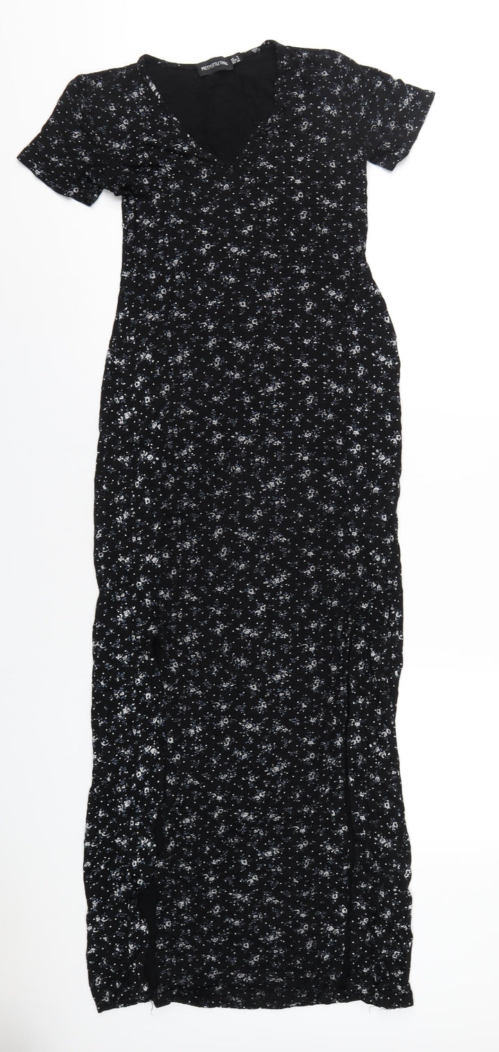PRETTYLITTLETHING Womens Black Floral Viscose Maxi Size 8 V-Neck Pullover