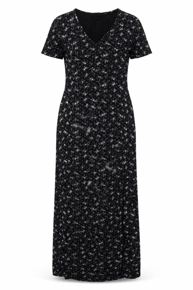 Front view of PRETTYLITTLETHING women’s black floral viscose maxi, size UK 8, v-neck pullover