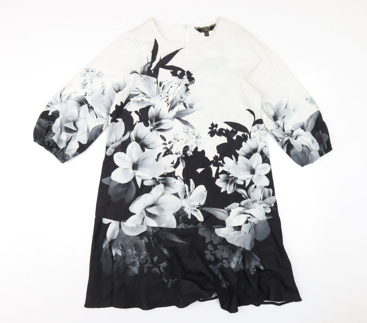 Lipsy Womens Black Floral Polyester A-Line Size 10 Round Neck Button
