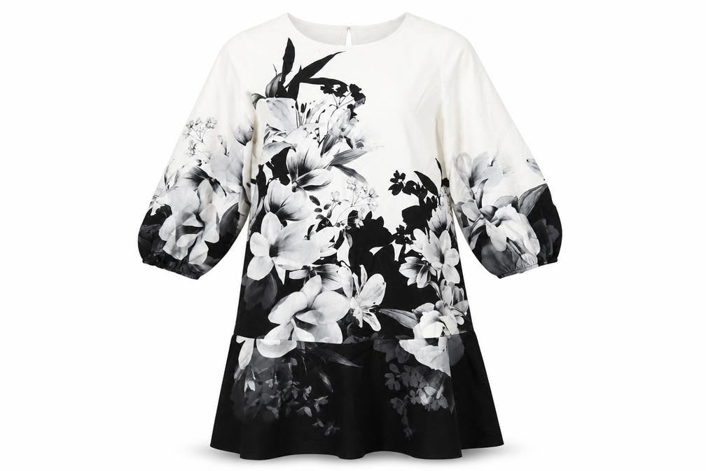 Front view of Lipsy women’s black floral polyester a-line, size UK 10, round neck button