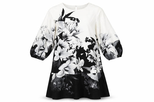 Front view of Lipsy women’s black floral polyester a-line, size UK 10, round neck button