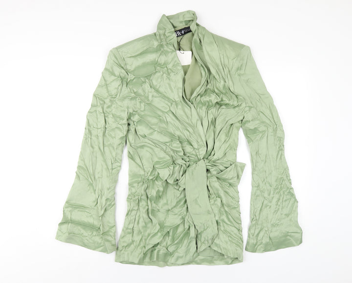 Zara Womens Green Viscose Jacket Dress Size M V-Neck Button
