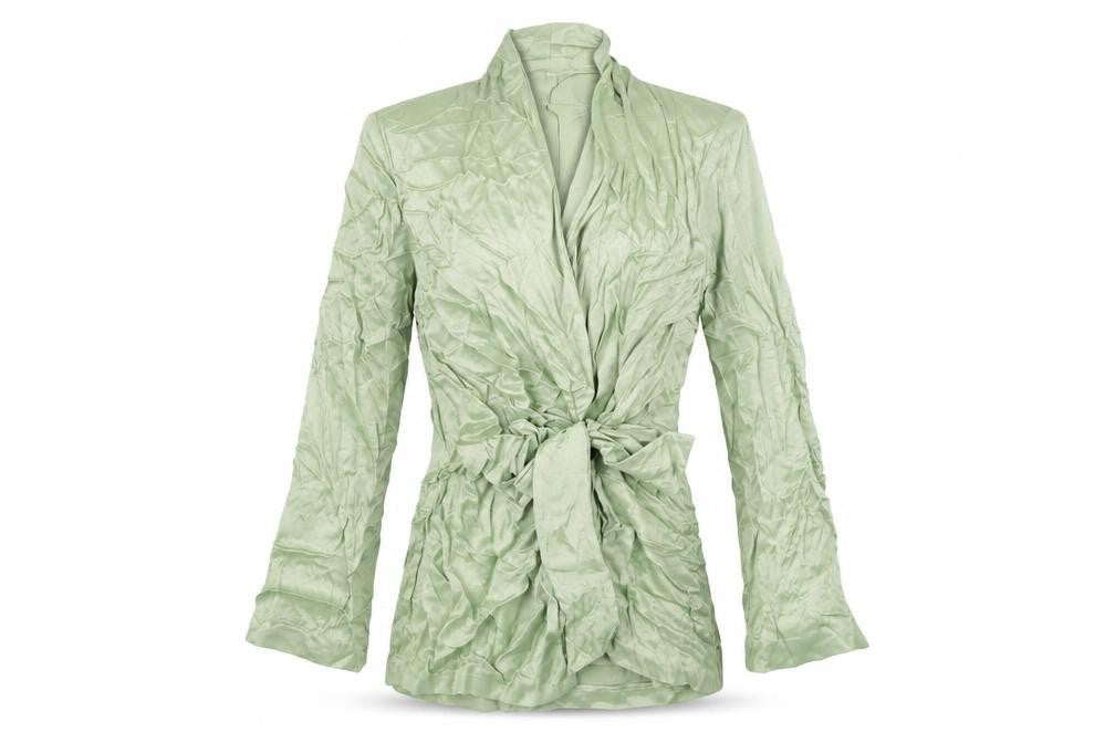 Front view of Zara women’s green viscose jacket dress, size M, v-neck button