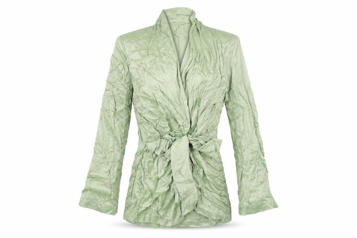 Front view of Zara women’s green viscose jacket dress, size M, v-neck button