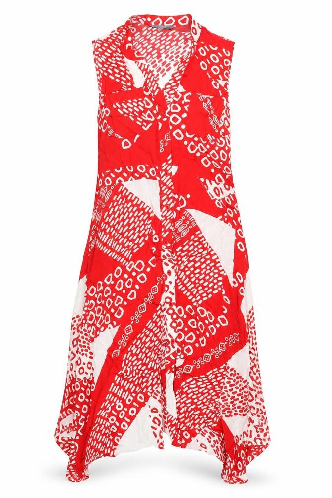 Front view of Principles women’s red geometric viscose a-line, size UK 12, v-neck button