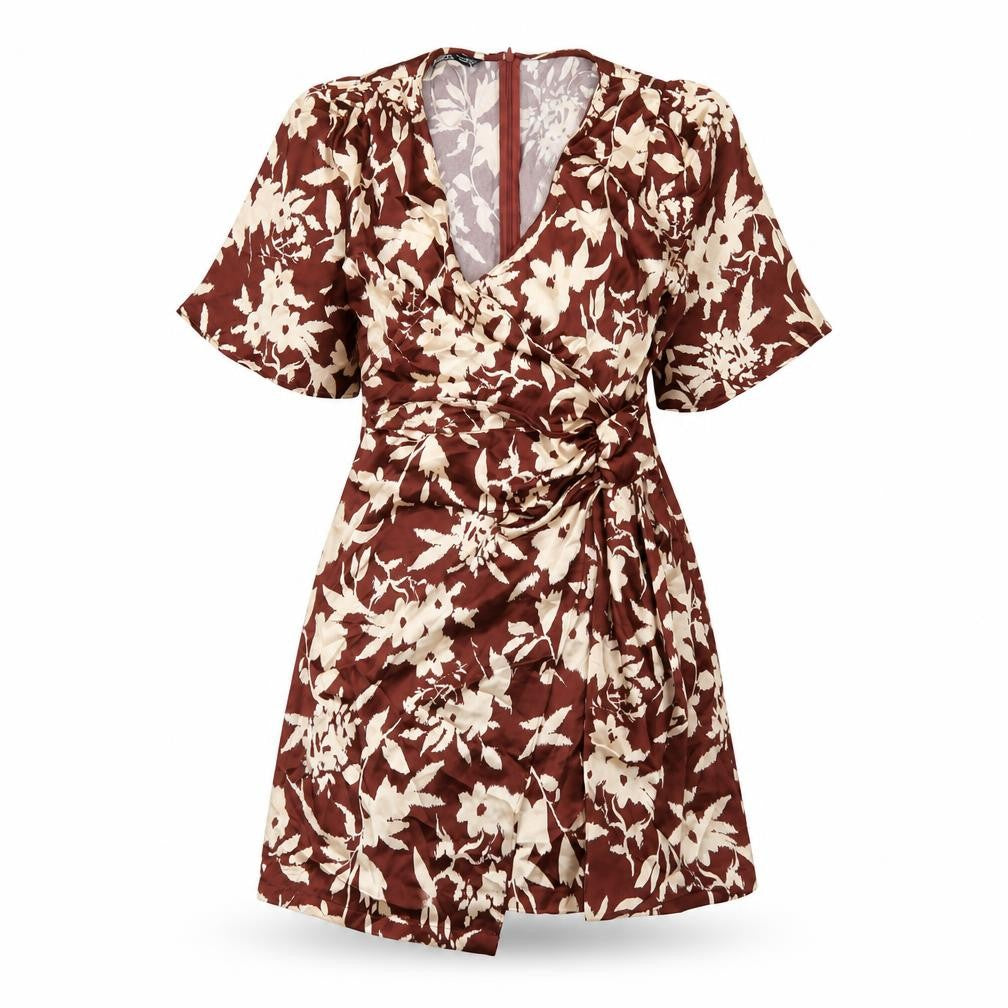 Front view of Zara women’s brown geometric polyester a-line, size S, v-neck zip