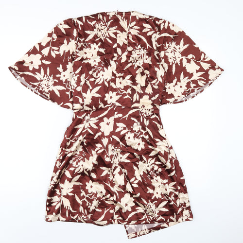 Zara Womens Brown Geometric Polyester A-Line Size S V-Neck Zip