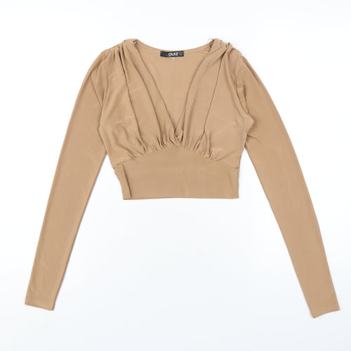 Quiz Womens Brown Polyester Basic T-Shirt Size 8 V-Neck