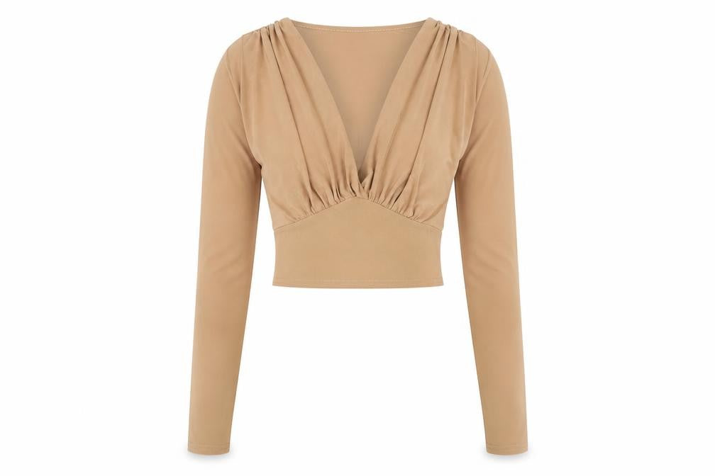 Front view of Quiz women’s brown polyester basic t-shirt, size UK 8, v-neck