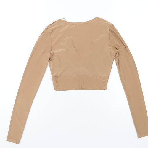 Quiz Womens Brown Polyester Basic T-Shirt Size 8 V-Neck