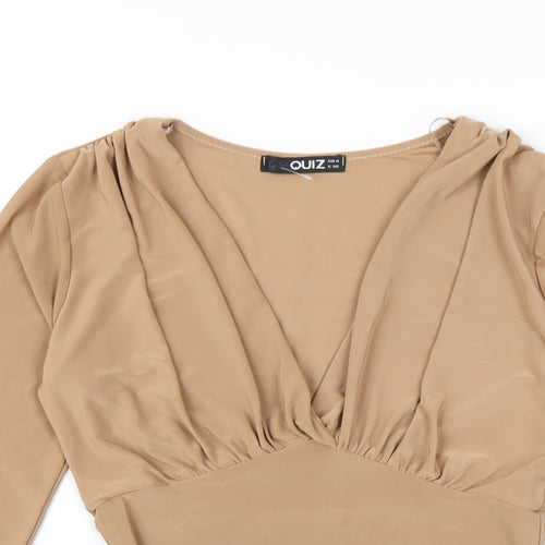 Quiz Womens Brown Polyester Basic T-Shirt Size 8 V-Neck