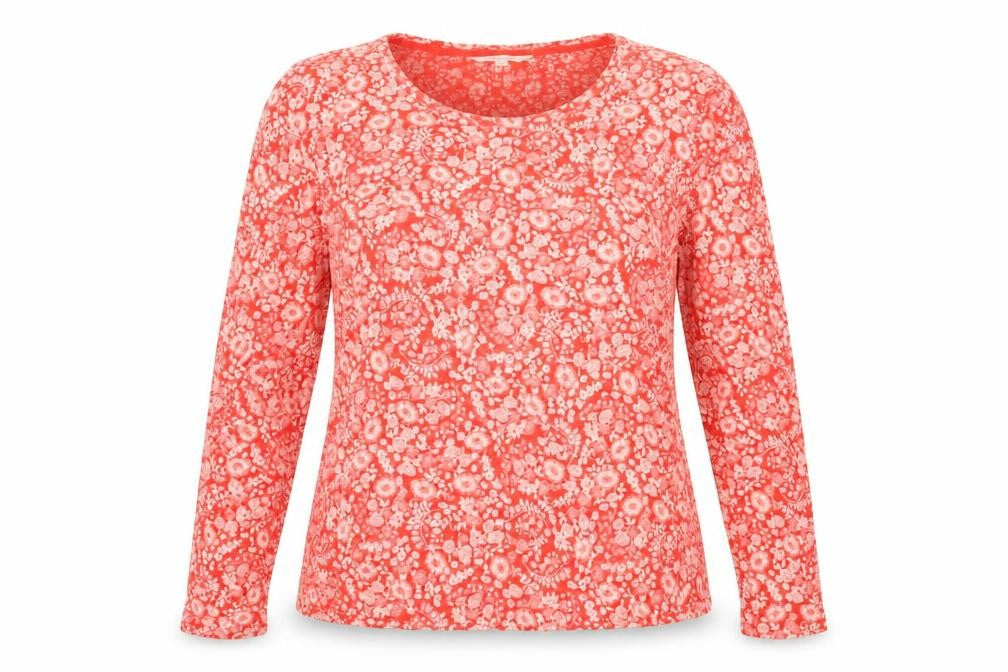 Front view of Per Una women’s red floral viscose basic t-shirt, size UK 12, round neck